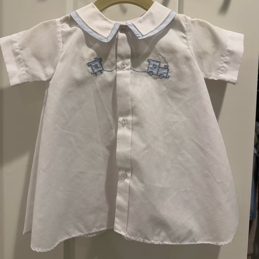 Feltman Brothers Baby Dress with Blue Train Embroidery